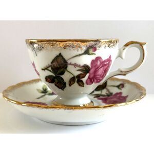 VTG Teacup Saucer Pink Roses Heavy Gold Trim Pedestal Cup Floral Cottagecore Set